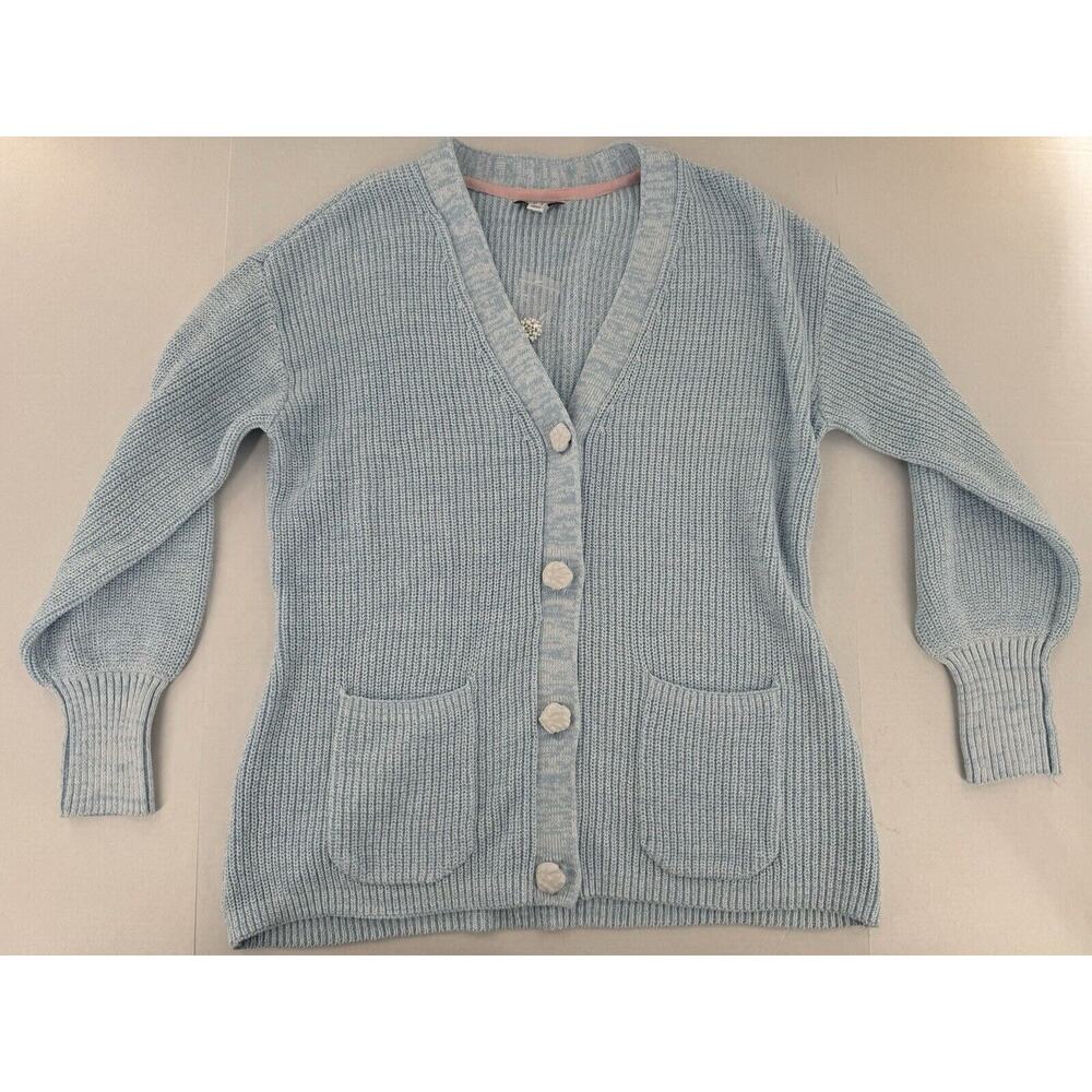 Isaac Mizrahi Sweater Cardigan Sz M Jewel Button Blue Knit Preppy V Neck NWT